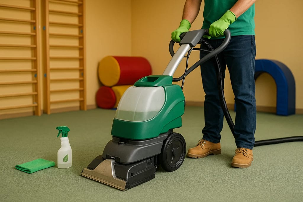 A professional cleaner using a green carpet cleaning machine in a children’s gym, with eco-friendly spray and microfiber cloth on the floor.