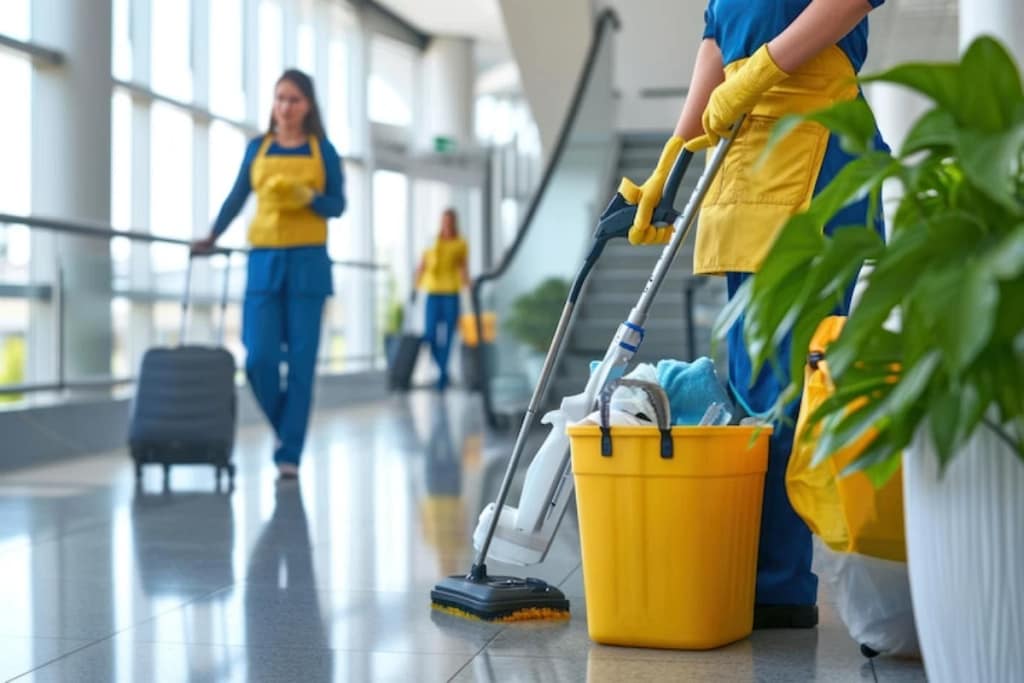 Female janitor with cleaning supplies