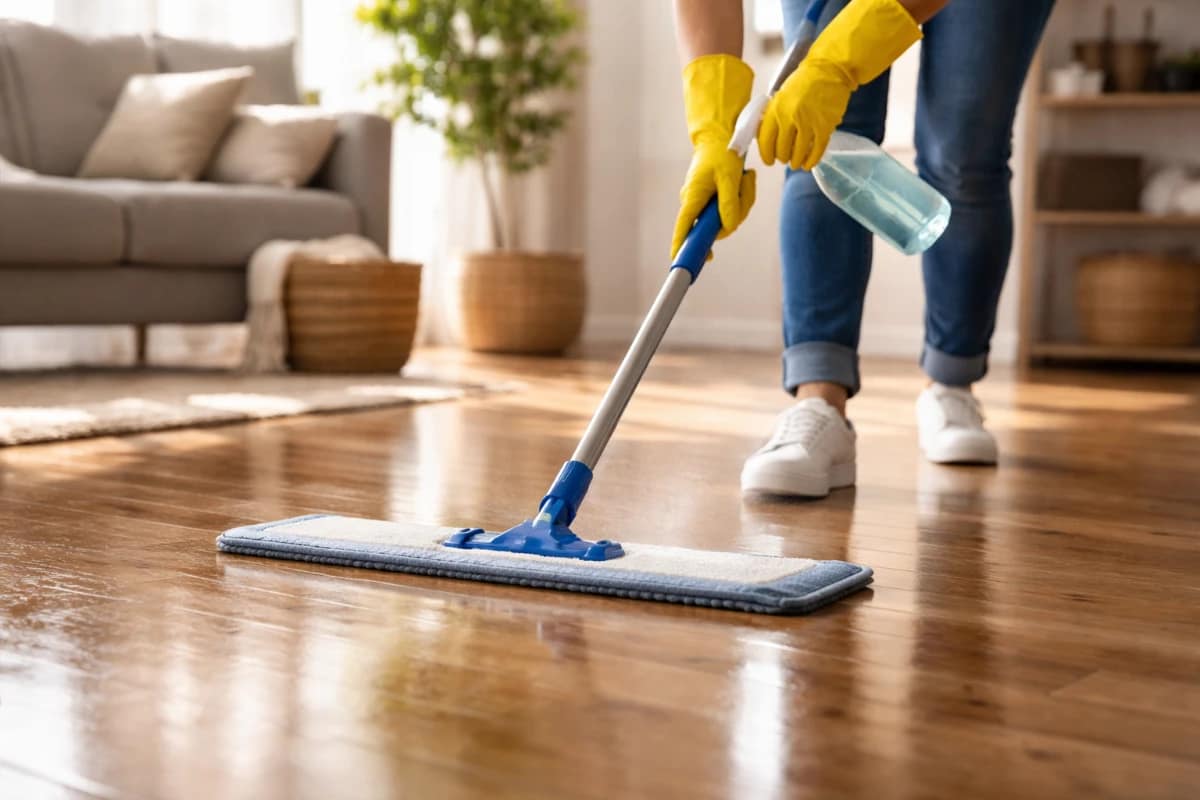 Person using a microfiber mop and spray cleaner to clean hardwood floors in a bright living room without dulling the shine