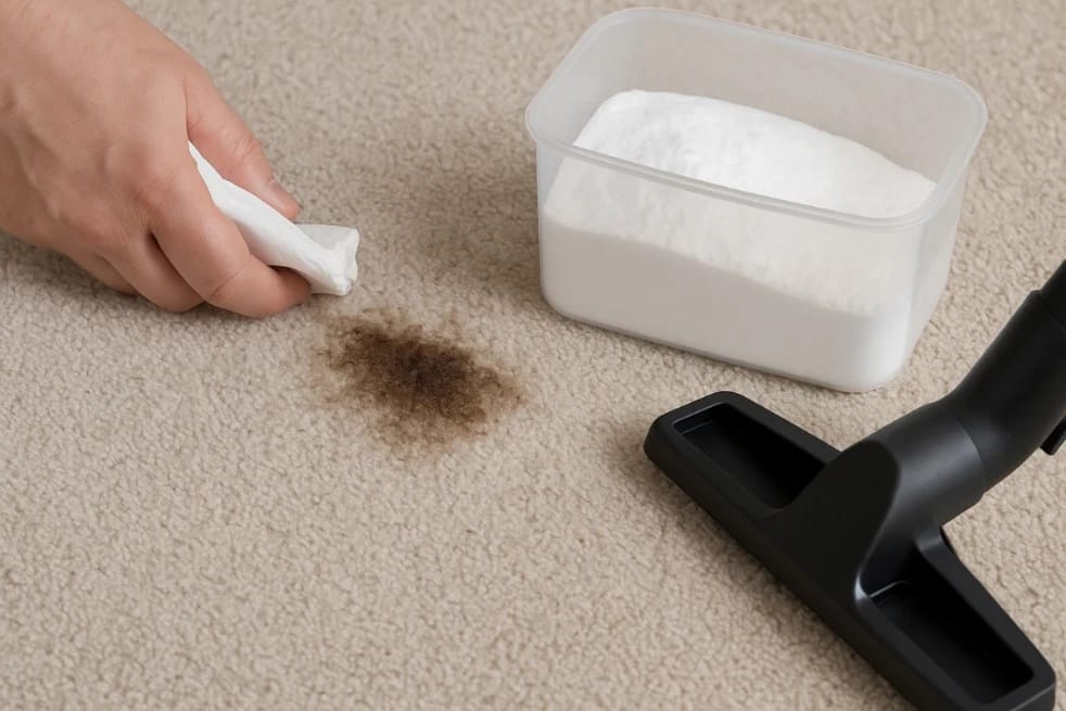 Hand blotting a grease stain on beige carpet with baking soda and a vacuum nozzle nearby.